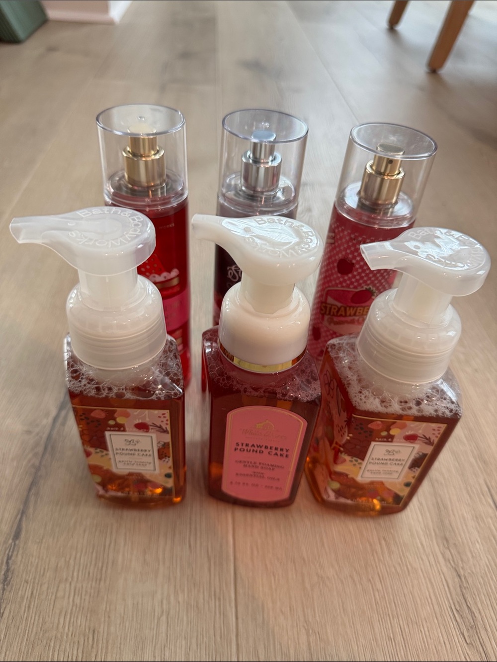 Bath & Body Works Pink & Red Strawberry Pound Cake Hand Soaps and Mists Set